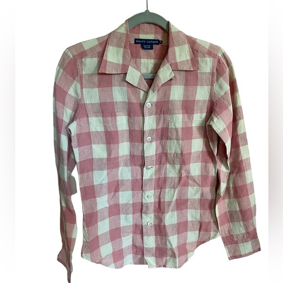 Ralph Lauren Tops - Ralph Lauren women’s Linen pink cream plaid Gingham Button Down Shirt Size 8